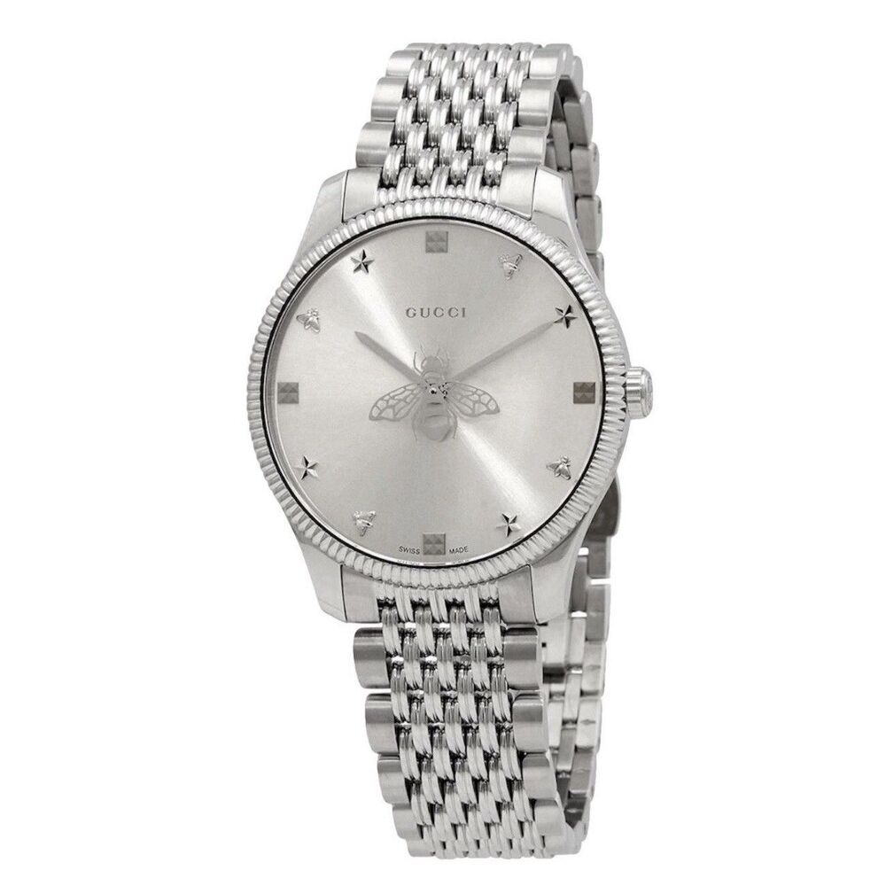 Gucci G-Timeless YA1264153 Silver Bee Motif 36mm Unisex Watch NEW With Box